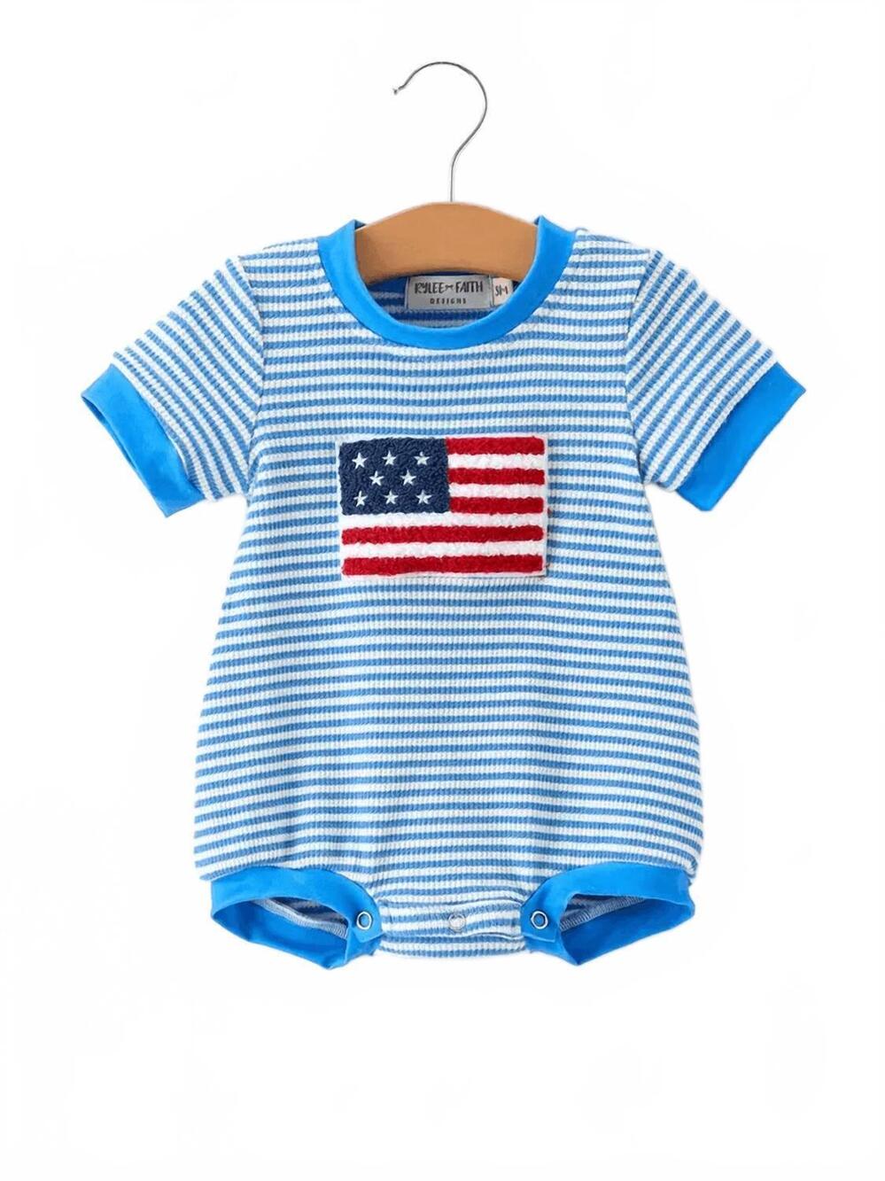 NEW RYLEE FAITH DESIGNS boy's 4th of july flag romper in blue multi